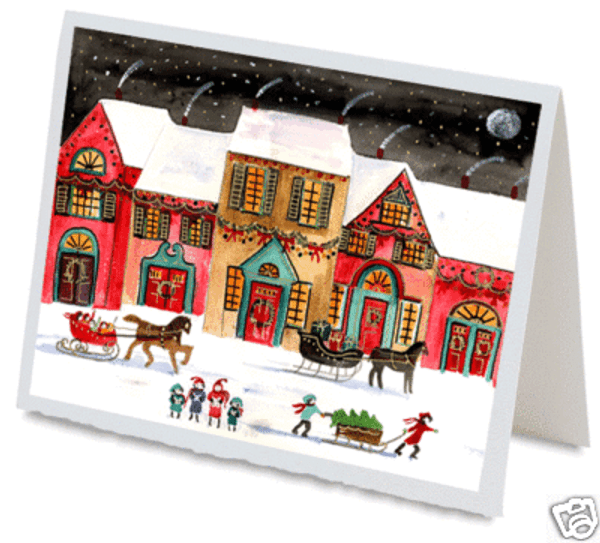 CHRISTMAS EVE VILLAGE GREETING CARD FOLK ART HANDMADE