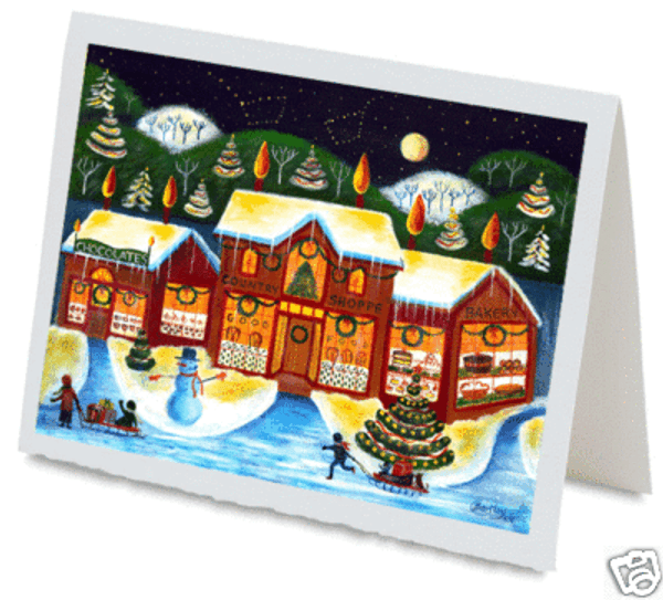 CHRISTMAS TREE SNOWMAN GREETING CARD FOLK ART HANDMADE