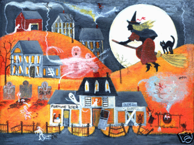 HALLOWEEN FORTUNE SALEM WITCH FOLK ART PAINTING PRINT