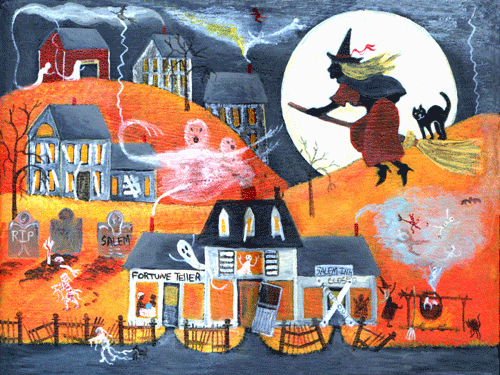 HALLOWEEN SALEM WITCH FORTUNE TELLER FOLK ART PRINT