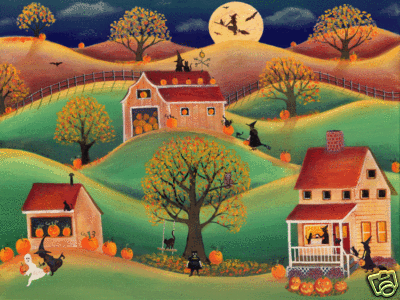 HALLOWEEN WITCH CAT BAT PUMPKIN FOLK ART PRINT