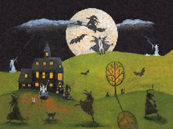 HALLOWEEN WHITE WITCH DANCE MOON FOLK ART