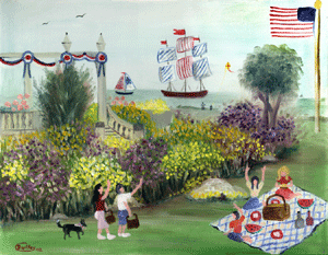 FOURTH OF JULY OCEAN PICNIC FOLK ART PRINT