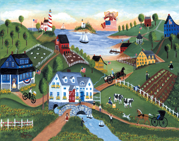PRIMITIVE SEASIDE COUNTRY FARM YESTERYEAR FOLK ART PRINT
