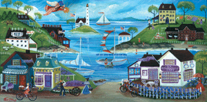 LAVENDER SEASIDE VILLGE WITH ANGEL FOLK ART PRINT