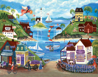 LAVENDER SEASIDE VILLGE WITH ANGEL FOLK ART PRINT