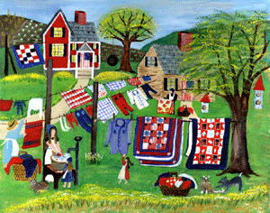 SUMMERTIME QUILT WASH DAY FOLK ART PRINT