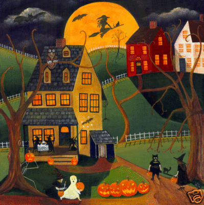 FOLK ART PAINTING PRINT HALLOWEEN WITCH MOON 12x16