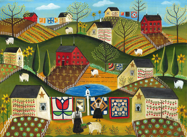 PRIMITIVE FOLK ART COUNTRY QUILT GARDEN SHEEP