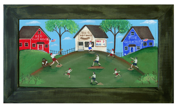 BASEBAL GAME ORIGINAL FOLK ART PAINING FRAMED