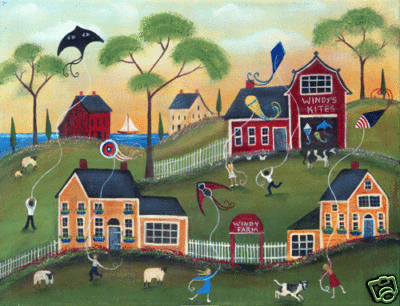KITES COW SHEEP BARN FARM FOLK ART PRINT 12x16