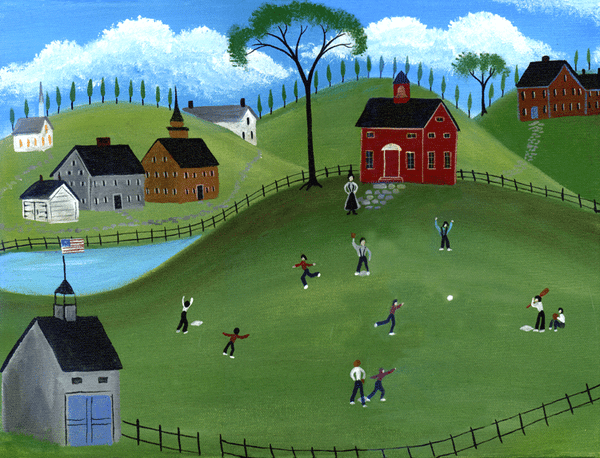Little Red School House Baseball Game by Pond