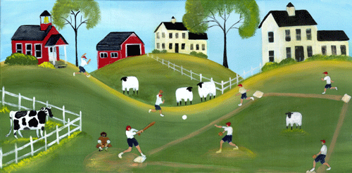 Country Farmyard Baseball Game at School House Print 12x16