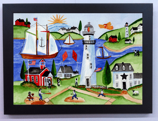 Baseball Game by Lighthouse Watercolor Framed Painting