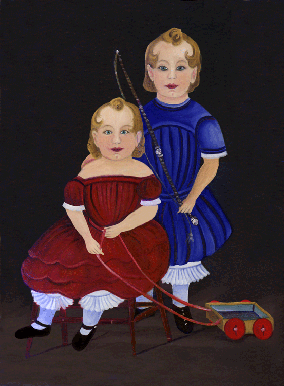 PRIMITIVE FOLK ART PAINTING BOY GIRL WAGON WHIP