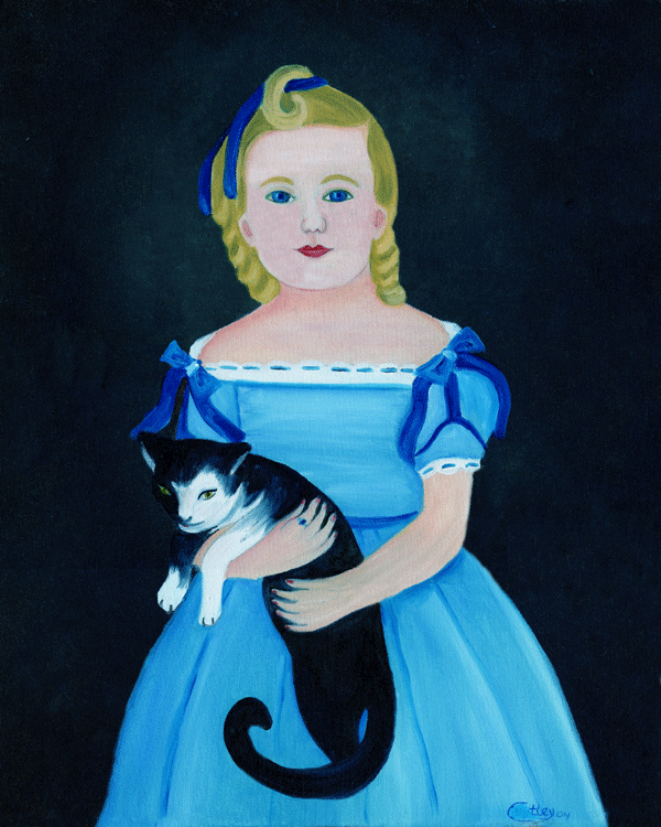 Primitive Girl in Blue with Cat Oil Painting