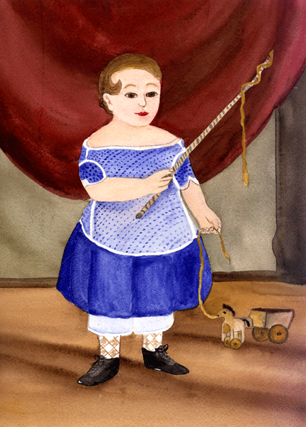 Primitive Boy with Toy Whip Watercolor Print