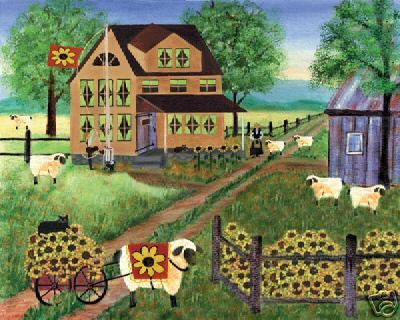 Sheep Wagon & Cat Sunsations Blue Sky Folk Art 12x16