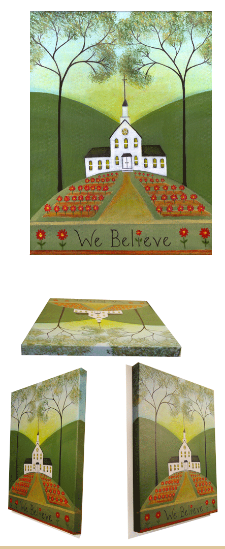 Church flowers Two Trees Folk Art Print 8x10