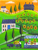 Sunflower Gardens & Pot Belly Pig with Wagon Folk Art Print 12x16