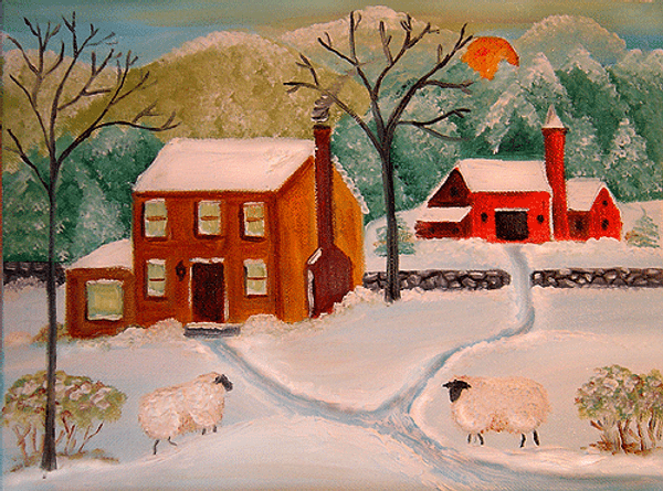 Winter sunset eve and sheep