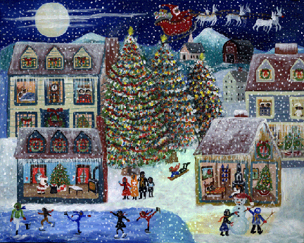 Christmas Eve with Santa Black Folk Art Print
