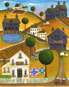 PUMPKINS QUILTS SHEEP COW COUNTRY FOLK ART PAINTING SOLD