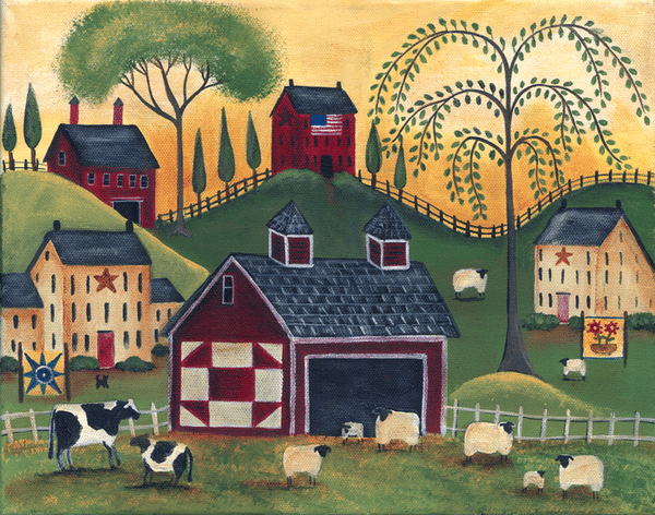 Primitive Red Quilt Barn Sheep Cows Print 11x14