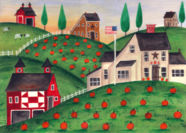 Red Quilt Barn Pumpkin Hill Folk Art Print