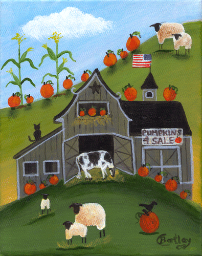 Pumpkin Barn Cow Sheep & Corn Folk Art Print