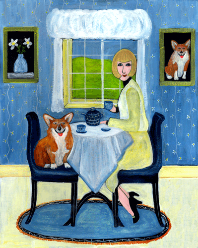 Mama & Corgi Tea 4 Two Original Painting SOLD