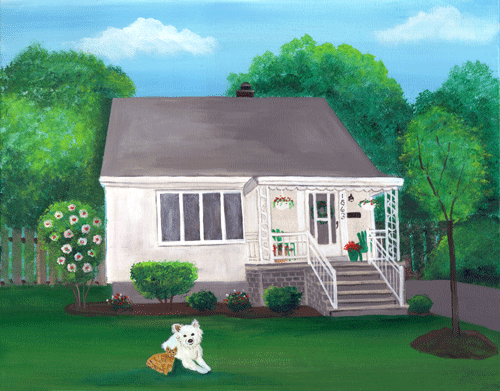 Rachel's House with Dog & Cat Summertime Folk Art Painting