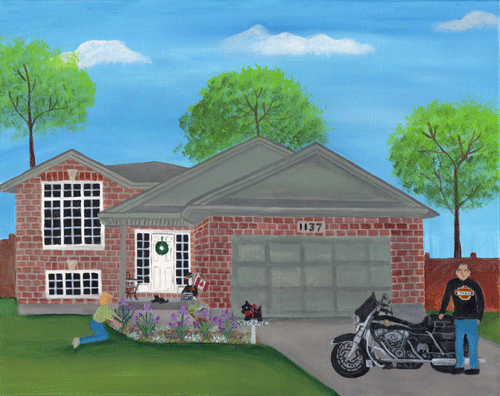 Rochelle's House Cat & motorcycle Summertime Canada Folk Art Painting