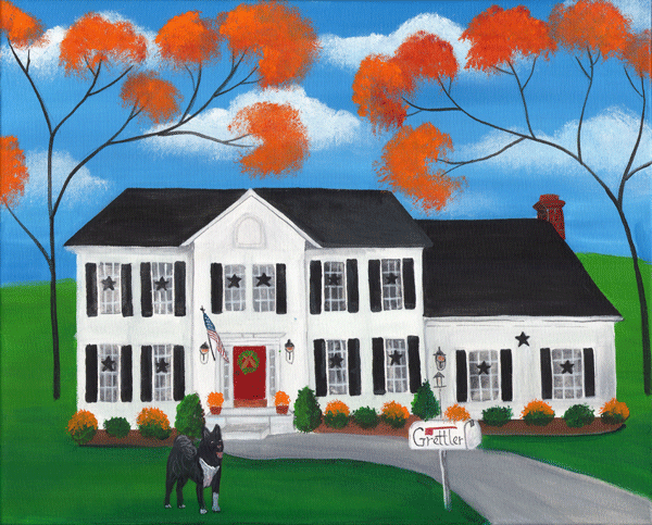 Grettler House & Dog Autumn Folk Art Painting