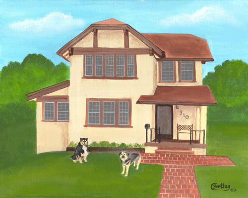 Putumn House & Dogs Folk Art Painting