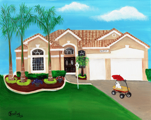 Matzer House & Maltese in wagon Summertime Folk Art Painting