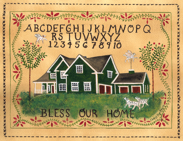 Jimmy & Dalmation House Sampler Watercolor Painting folk art