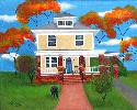 Hamilton House with dog & cat in autumn folk art painting
