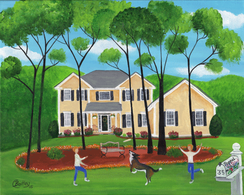 Poppel House & children with dog Summertime Painting