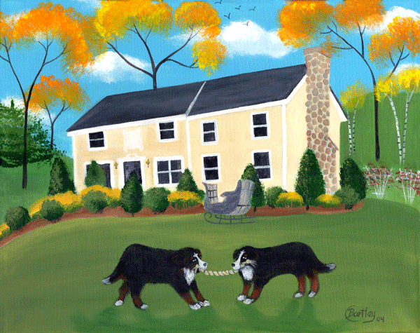 Kathy's House Bernese Mountain Dogs Autumn Folk Art Painting