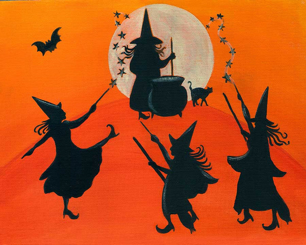 Halloween Dancing Witches Moon Spell Folk Art Print