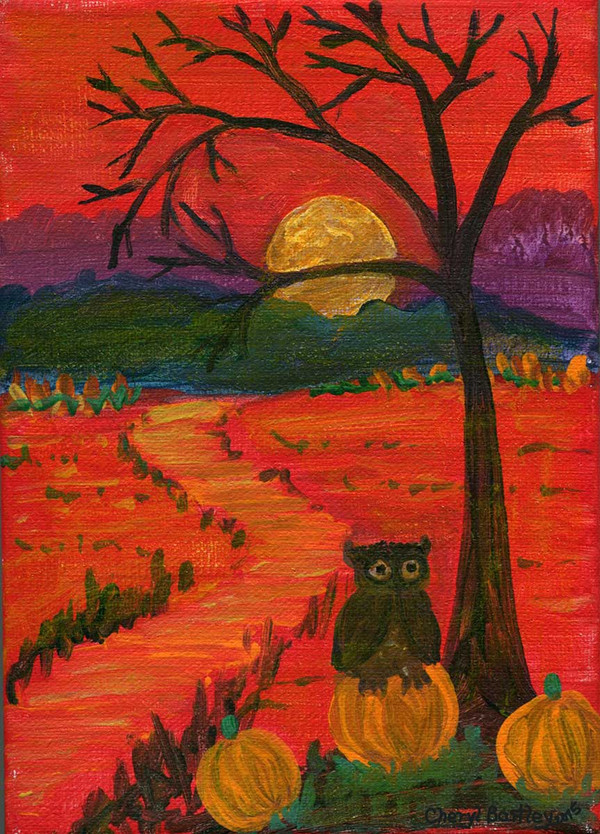 Halloween Folk Art Owl on Pumpkin at Sunset