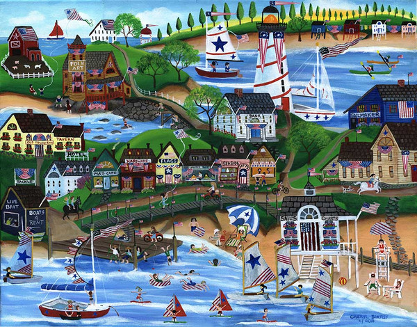 Old New England 4th of July Celebration Folk Art Print