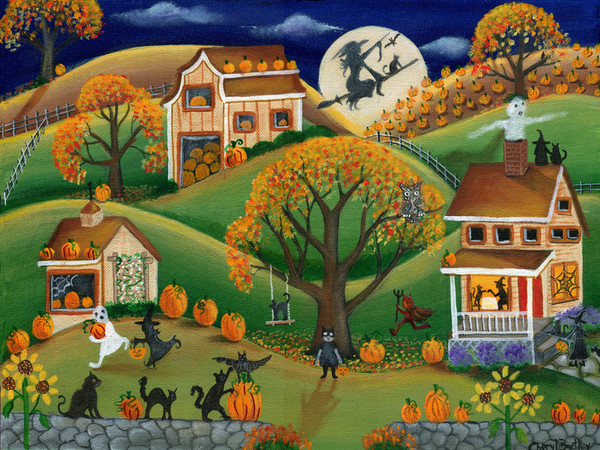 Halloween Folk Art Painting Autumn Harvest Pumpkin Fun SOLD