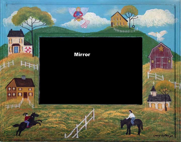 Folk Art Country Horse Fun with Angel Original Handpainted Mirror