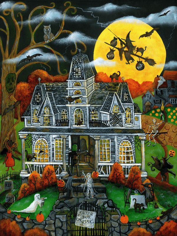 HALLOWEEN TRICKS TREATS POTIONS WITCH HOUSE FOLK ART PRINT 12X16