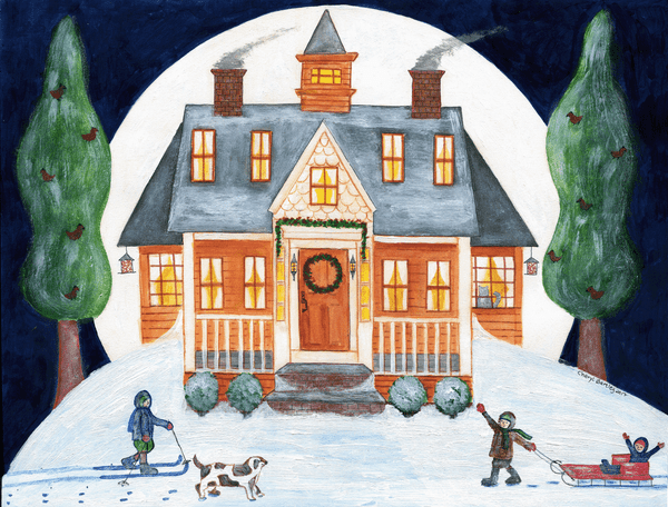 Folk Art Watercolor Painting Full Moon Wintertime Fun SOLD