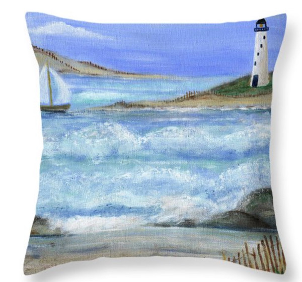 Private Beach Lighthouse Throw Pillow 14"x14"