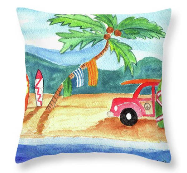 Beach Bum Surfboard Palm Tree Throw Pillow 14" x 14"
