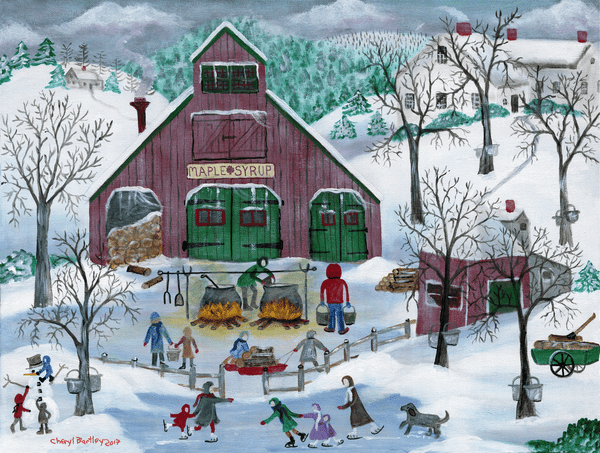 MAPLE SYRUP MAKERS and ICE SKATERS WNTER WONDERLAND ORIGINAL PAINTING SOLD